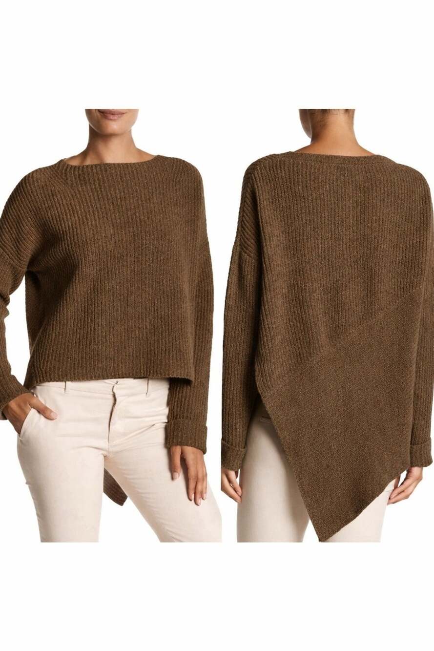 Brochu Walker Thandee S Brown Wool Linen Knit Stretch Asymmetrical Hem Sweater